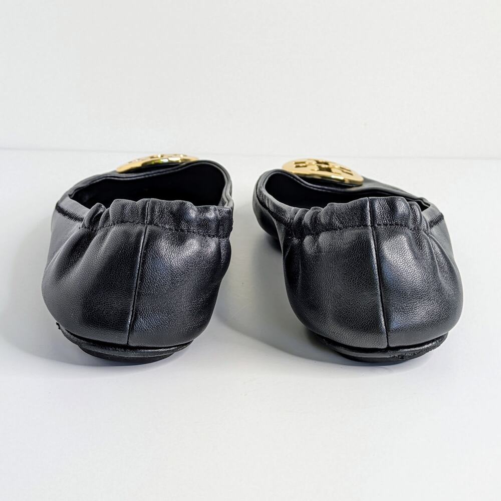 Tory Burch Minnie Travel Flats 8 Black Leather Gold Logo Ballet Designer GUC - Picture 6 of 14